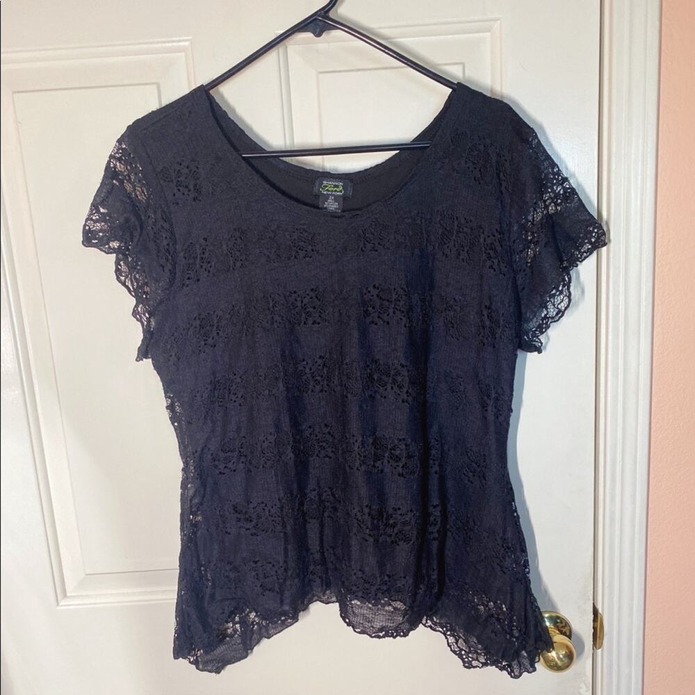 Shannon Ford New York Black Lace Top Blouse Shirt Crew Neck Short Sleeves | 2X